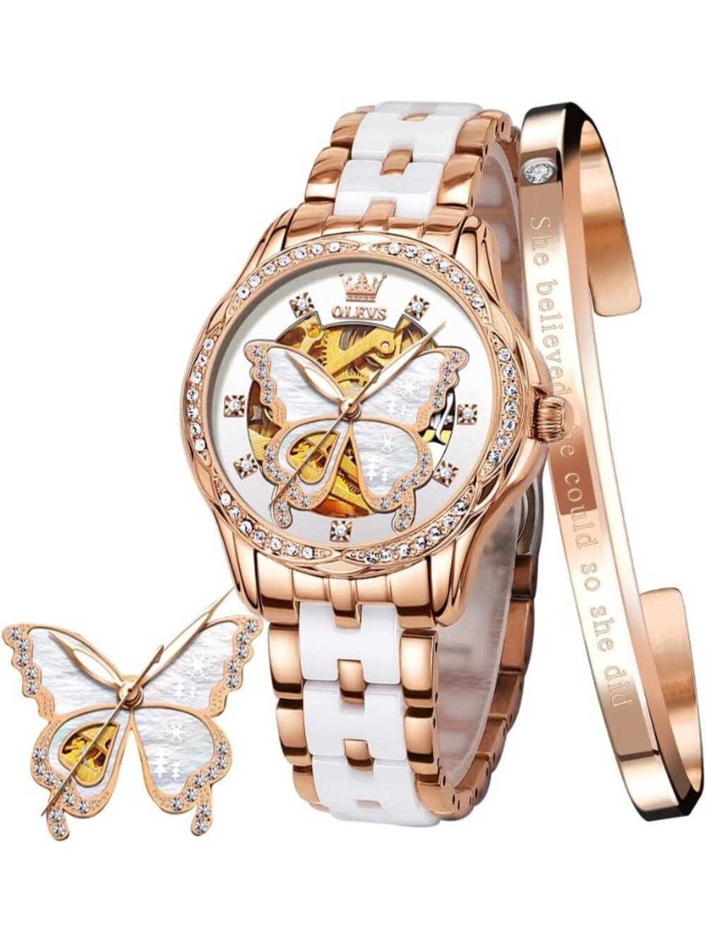Olevs Womens Rose Gold Butterfly Skeleton Diamond Automatic Elegant Luxury Watch